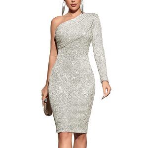 8802 One Shoulder Sequin Dress Long Sleeve Evening Gowns Midi 1920s Formal